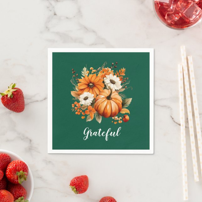 Guardanapo De Papel Grateful Autumn Floral Pumpkin Green Square (Insitu)