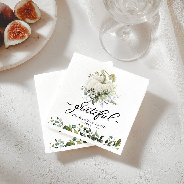 Guardanapo De Papel Grateful White Pumpkin Greenery Ação de Graças (Criador carregado)