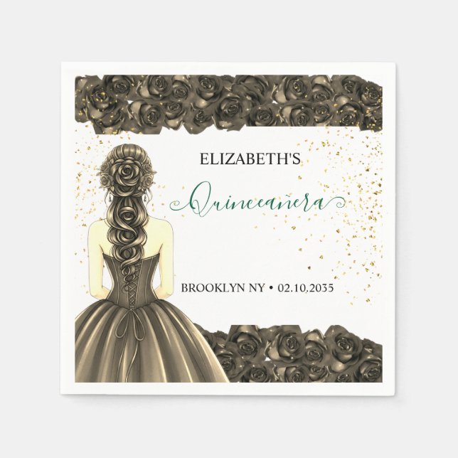 Guardanapo De Papel Green & Gold Quinceañera Custom Party Napkins (Frente)