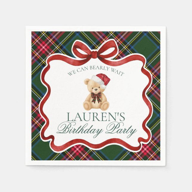Guardanapo De Papel Green Tartan Plaid Christmas Bear Birthday Party (Frente)