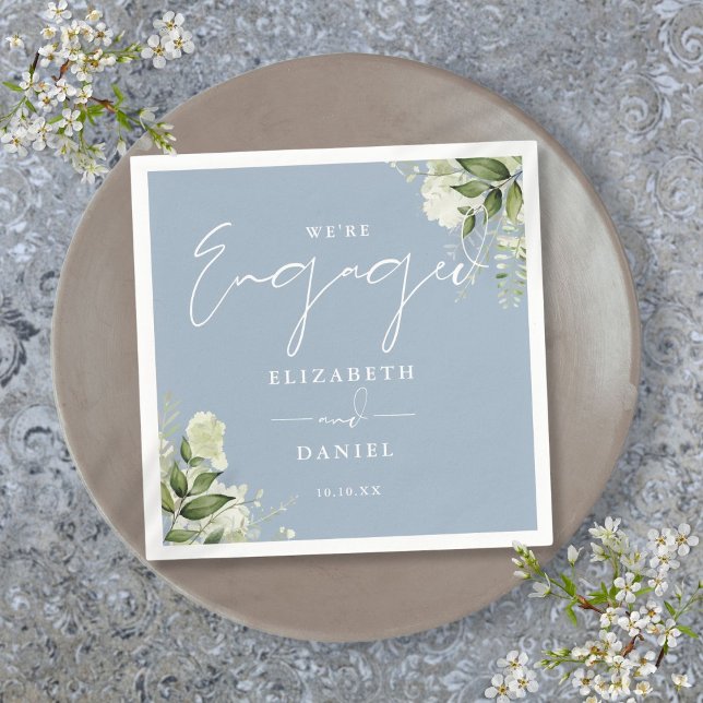 Guardanapo De Papel Greenery Floral Dusty Festa de noivado Azul (Greenery Floral Dusty Blue Engagement Party Napkins)