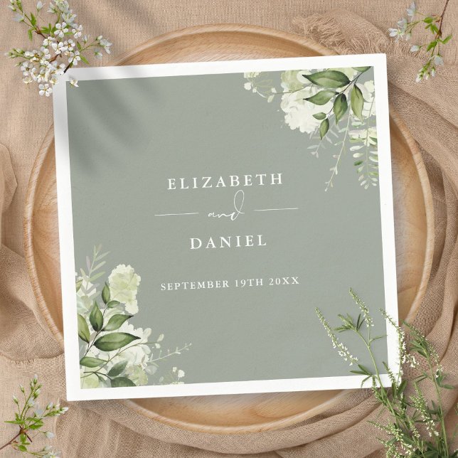 Guardanapo De Papel Greenery Floral Elegante Sage Casamento Verde (Greenery Floral Elegant Sage Green Wedding Napkins)