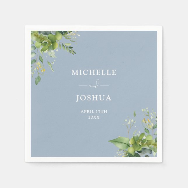 Guardanapo De Papel Greenery Floral Modern Dusty Blue Weding (Frente)