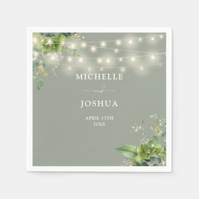 Guardanapo De Papel Greenery Floral String Lights Sage Casamento Verde (Frente)