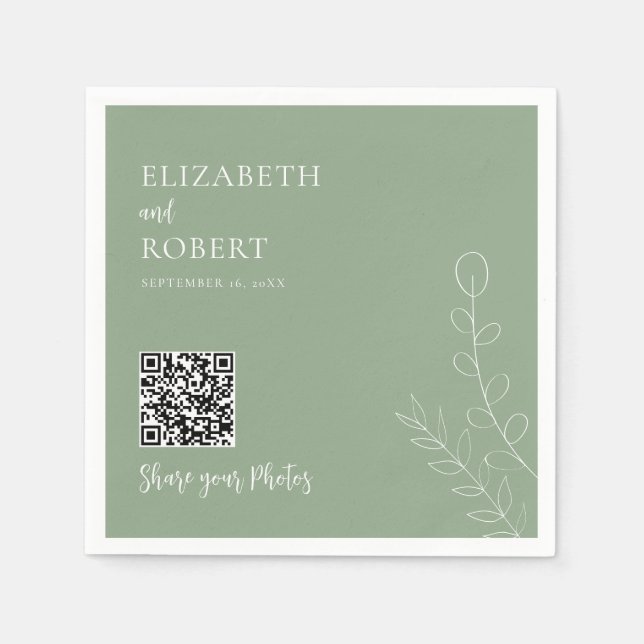 Guardanapo De Papel Greenery Wedding QR Share Your Photos Sage Green (Frente)