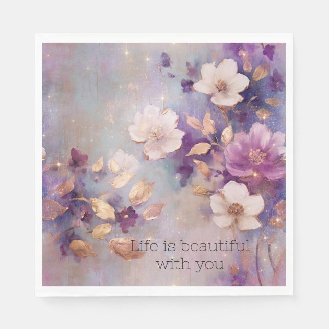 Guardanapo De Papel Grelha Branca Dourada Purple Floral Feminina (Frente)