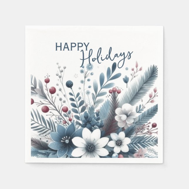 Guardanapo De Papel Grinalda de Natal Floral Azul Teal Escuro com Verm (Frente)