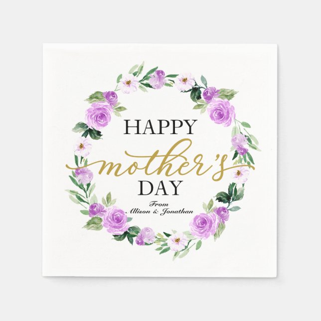 Guardanapo De Papel Grinalda Floral Roxa Feliz Dia das Mães (Frente)