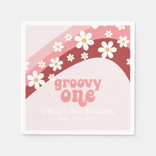 Guardanapo De Papel Groovy One Retro daisy boho floral primeiro aniver (Frente)