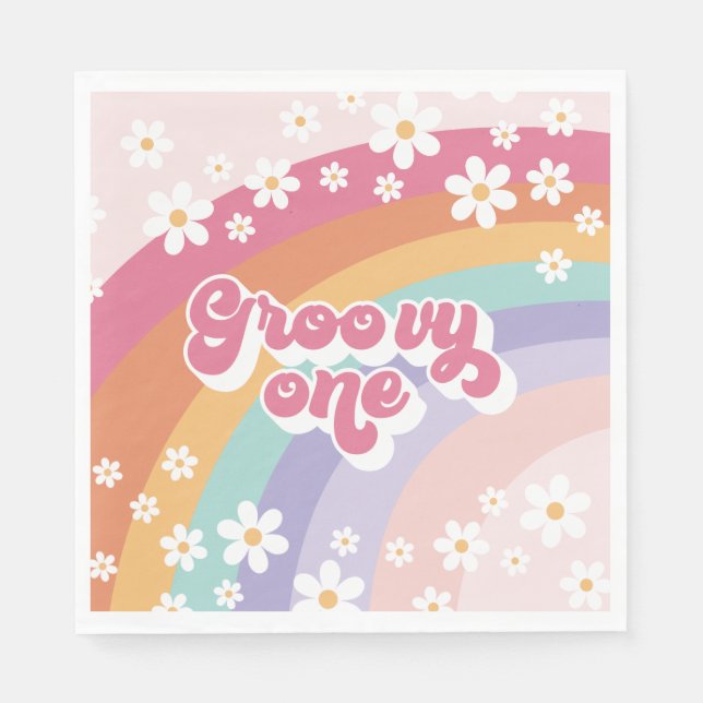 Guardanapo De Papel Groovy One Retro Rainbow primeiro aniversario (Frente)