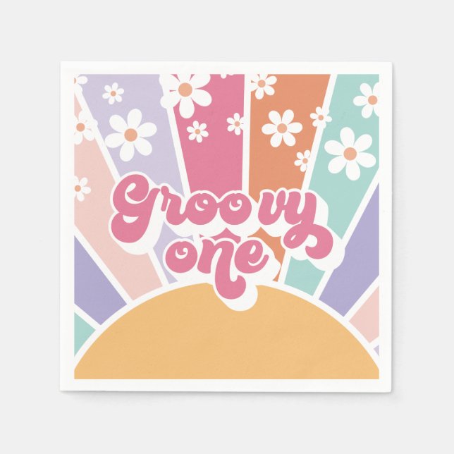 Guardanapo De Papel Groovy One Retro Sunshine Rainbow Daisy (Frente)