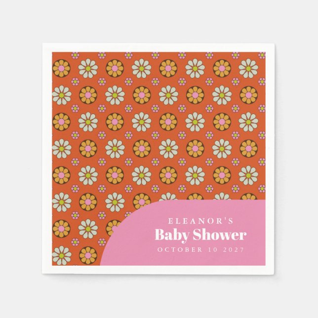 Guardanapo De Papel Groovy Retro Anos 60 Flores Laranja Chá de Bebê Pe (Frente)