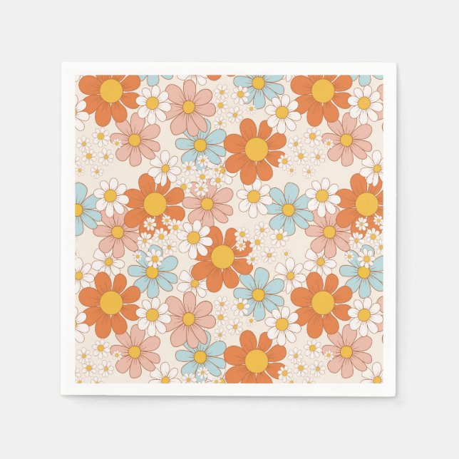 Guardanapo De Papel Groovy Retro Daisy Orange Blue Cream (Frente)