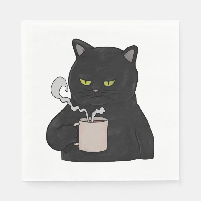 Guardanapo De Papel Grumpy Black Cat with Coffee Morning Grouch (Frente)