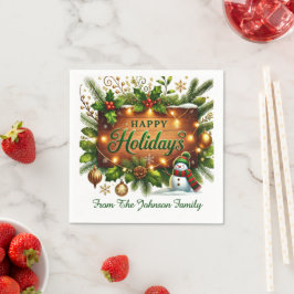 Guardanapo De Papel Guirlanda Verde em Placa de Madeira Feliz Natal
