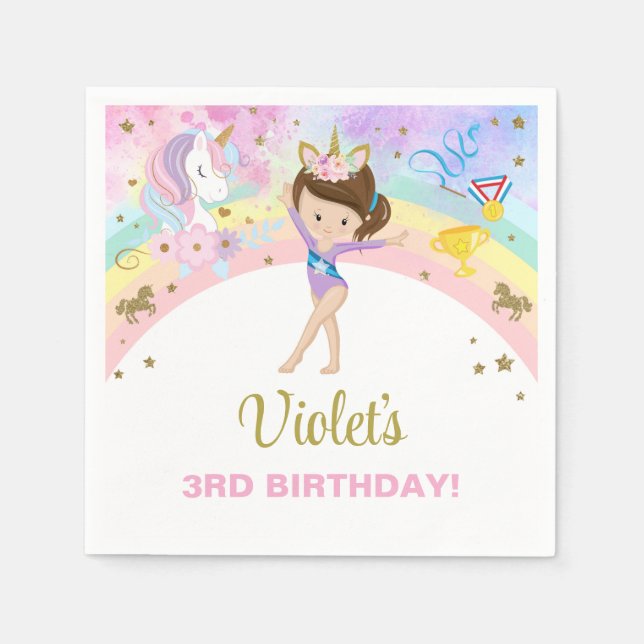 Guardanapo De Papel Gymnastics girl & unicorn birthday paper napkins. (Frente)