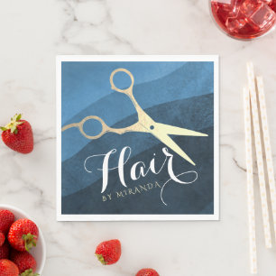 Guardanapo De Papel Hair Salon Hairstylist Tesoura Azul e Dourada Mode
