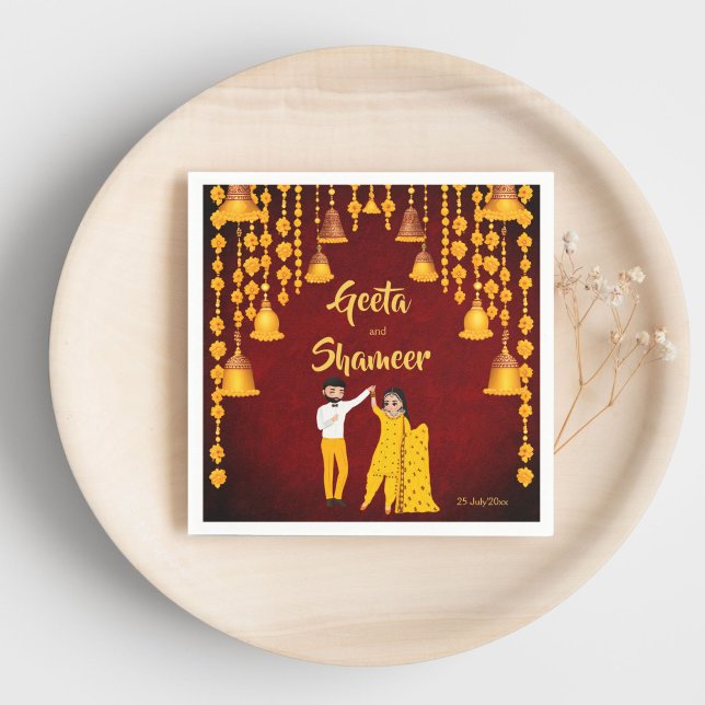 Guardanapo De Papel Haldi Mehndi Sangeet Indian Maroon amarelo (Haldi Mehndi Sangeet Indian wedding maroon and yellow template Napkins personalized tableware decor)