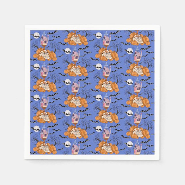 Guardanapo De Papel Halloween, abóboras, crânio e abrigos de morcegos (Frente)