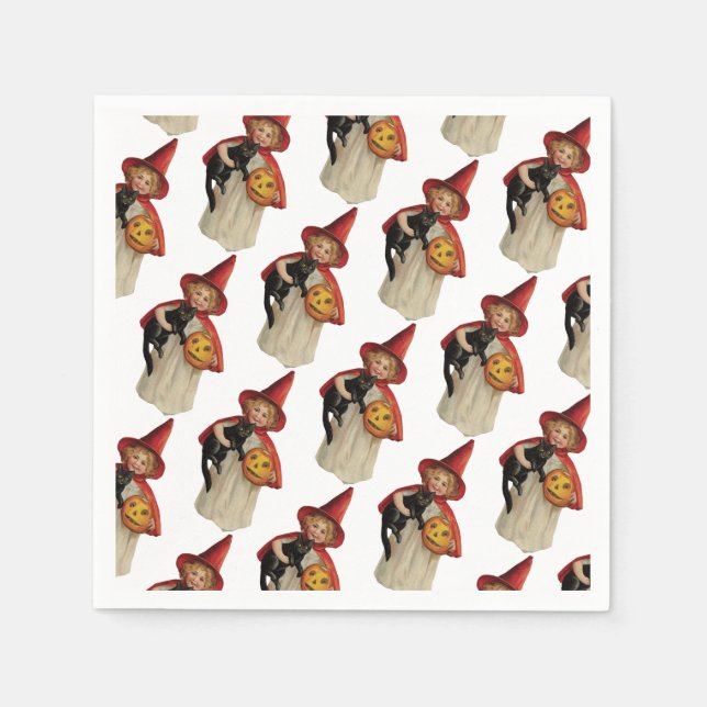 Guardanapo De Papel Halloween antigo, bruxa com gato preto (Frente)