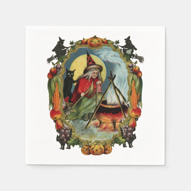 Guardanapo De Papel Halloween antigo, bruxa com gato preto (Frente)