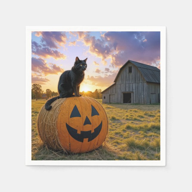 Guardanapo De Papel Halloween Black Cat On Pumpkin Hay Bale (Frente)