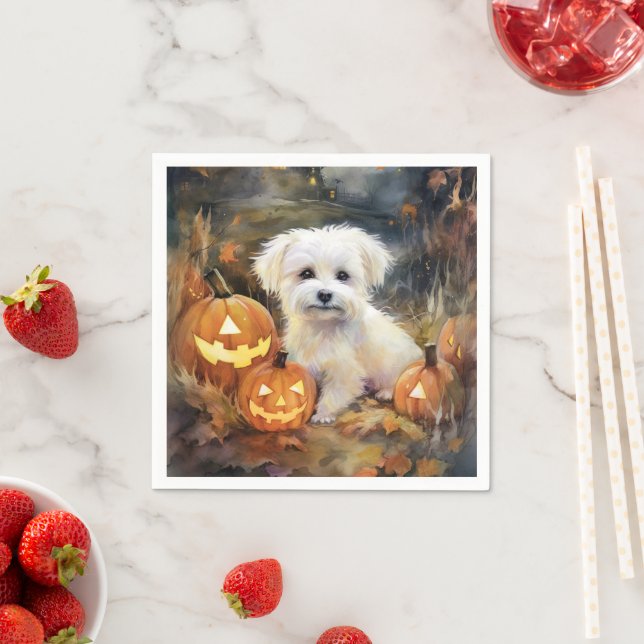 Guardanapo De Papel Halloween Coton De Tulear Com Pumpkins Assustado (Insitu)