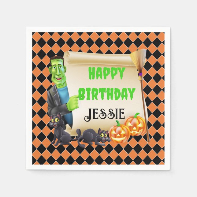 Guardanapo De Papel Halloween Crianças Nome Frankenstein Aniversário P (Frente)