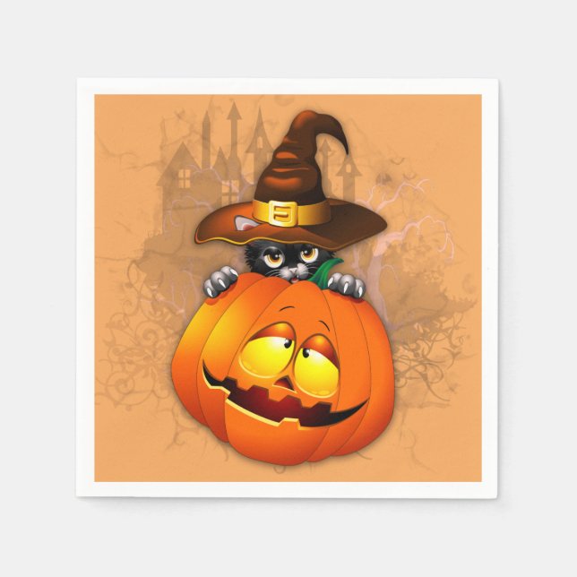 Guardanapo De Papel Halloween Cute Kitty Witch and Pumpkin Friend  (Frente)