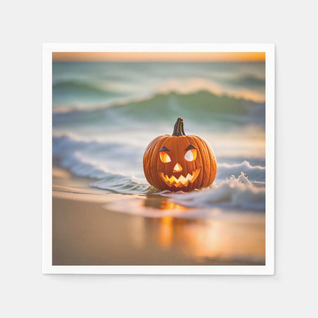 Guardanapo De Papel Halloween Jack-O-Lanterna Na Praia (Frente)