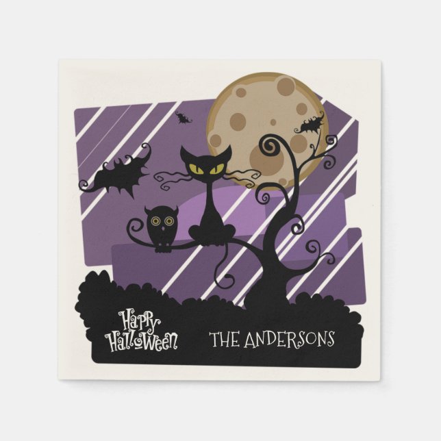 Guardanapo De Papel Halloween Owl e Cat Personalizaram Napkin (Frente)