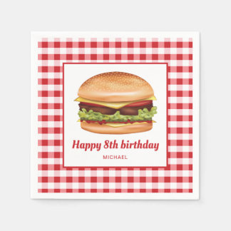 Guardanapo De Papel Hamburger Sobre Padrão Vermelho Gingham Feliz Aniv