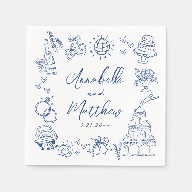 Guardanapo De Papel Hand Drawn Blue Whimsical Wedding (Frente)