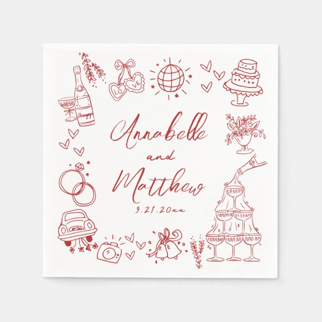 Guardanapo De Papel Hand Drawn Red Whimsical Wedding (Frente)