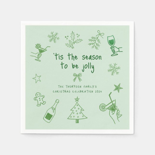 Guardanapo De Papel Hand Drawn Scribble Glitter Green Christmas Party (Frente)
