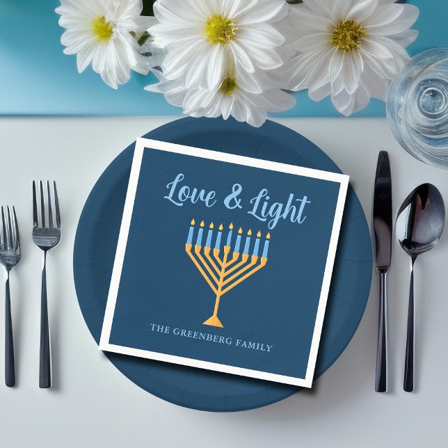 Guardanapo De Papel Hanukkah Love & Light Custom Menorah Party Blue (Criador carregado)