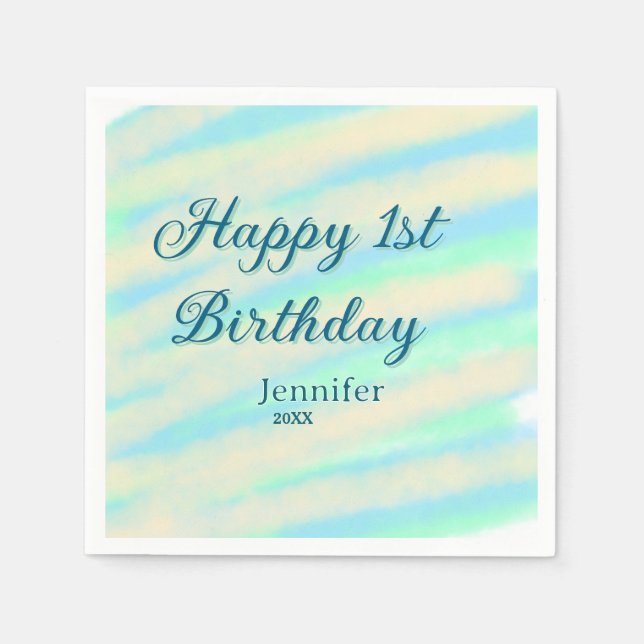 Guardanapo De Papel Happy 1st birthday kids baby blue green pastel ret (Frente)