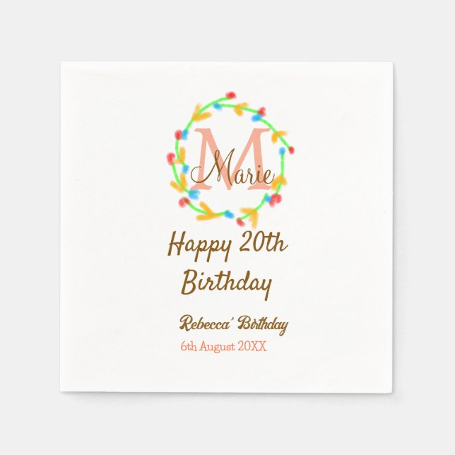 Guardanapo De Papel Happy 20th Birthday red add name monogram wreath (Frente)