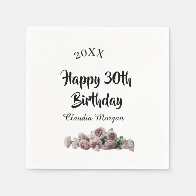 Guardanapo De Papel Happy 30th birthday pink white mauve floral name y (Frente)