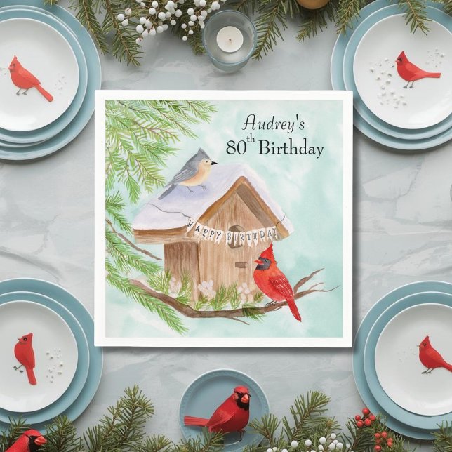 Guardanapo De Papel  Happy 80th Birthday Birds at Birdhouse (Criador carregado)