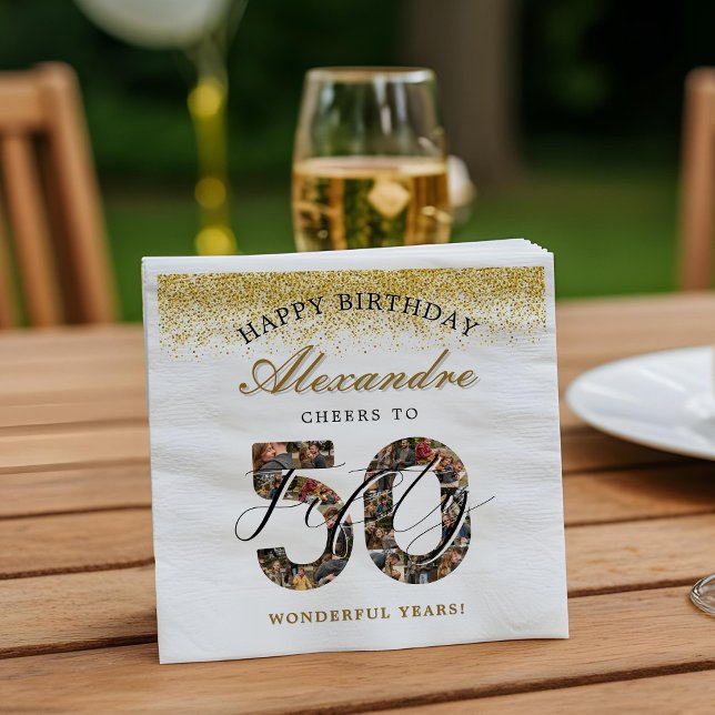 Guardanapo De Papel Happy Birthday Cheers To 50 Years Photo Collage (Happy Birthday Cheers To 50 Years Photo Collage Napkins)