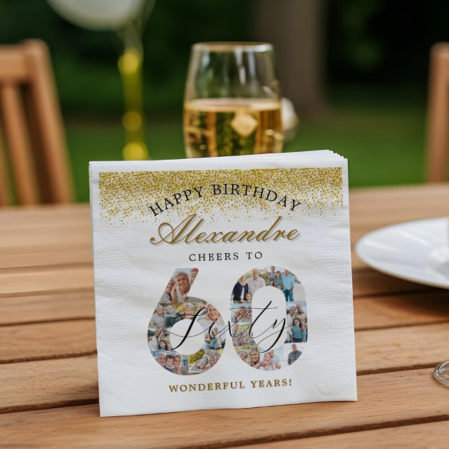 Guardanapo De Papel Happy Birthday Cheers To 60 Years Photo Collage (Happy Birthday Cheers To 60 Years Photo Collage Napkins)