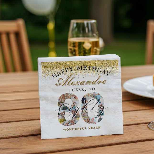 Guardanapo De Papel Happy Birthday Cheers To 80 Years Photo Collage (Happy Birthday Cheers To 80 Years Photo Collage Napkins)