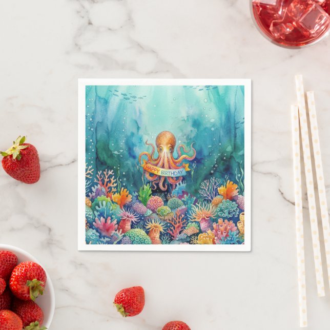 Guardanapo De Papel Happy Birthday Octopus Ocean Sea Life Water Fish (Insitu)