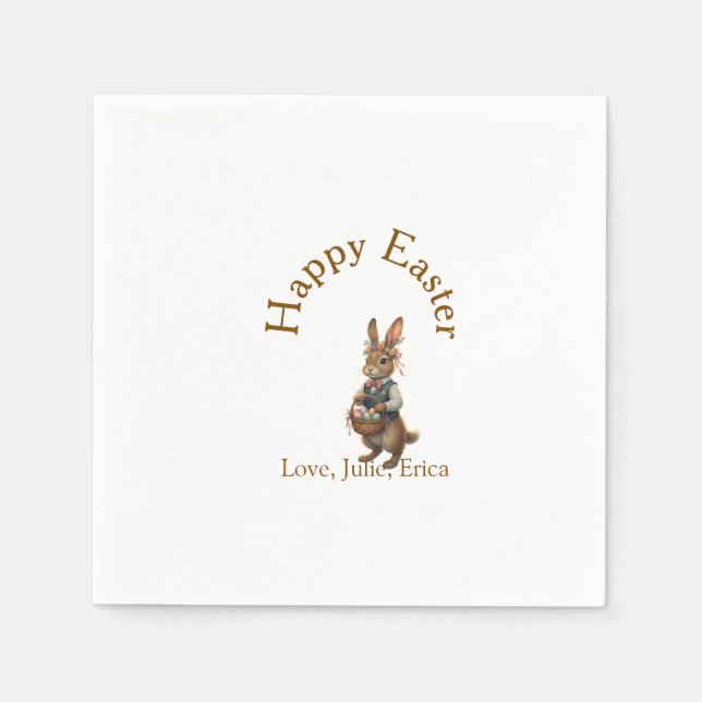 Guardanapo De Papel Happy Easter brown bunny with eggs love add name  (Frente)