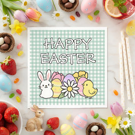 Guardanapo De Papel Happy Easter Bunny Chick Eggs Floral Green Gingham