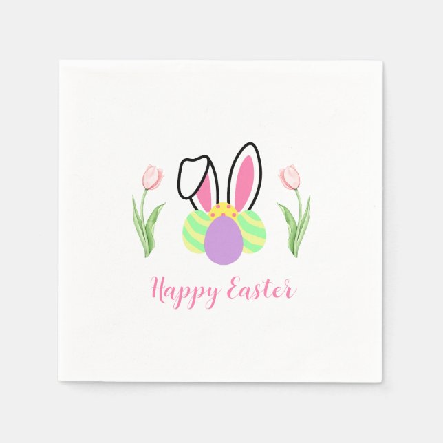 Guardanapo De Papel Happy Easter Bunny Ears Eggs and Pink Tulips (Frente)