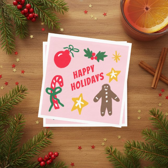 Guardanapo De Papel HAPPY HOLIDAYS Cute Hand-Drawn CUSTOM  (HAPPY HOLIDAYS Cute Hand-Drawn icons Christmas Party CUSTOM Napkins
)