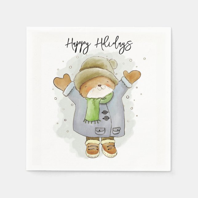 Guardanapo De Papel Happy Holidays Paper Napkins Cat Kitten Snow  (Frente)