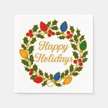 Happy Holidays Wreath Christmas Lights and Holly